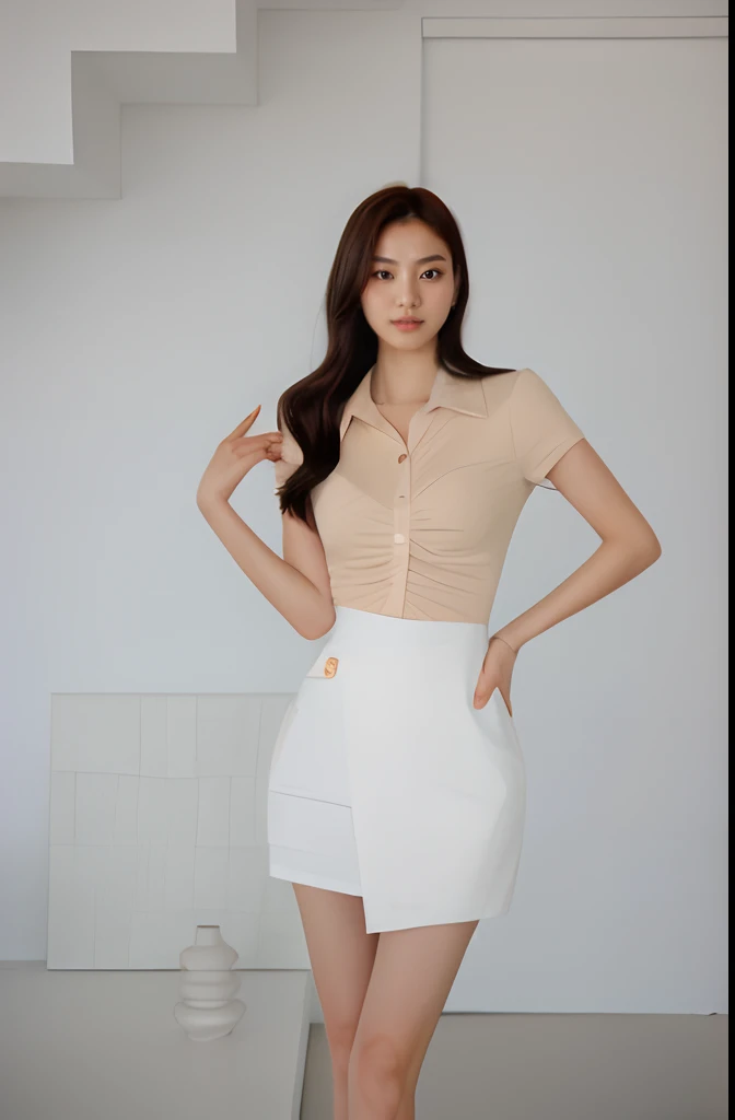 Masterpiece, 8K, RAW photo, Best quality, Super detail,Korean model posing for a photo, elegant slim beige shirt, wearing white skirt, White miniskirt, wearing tight simple clothes,simplebackground