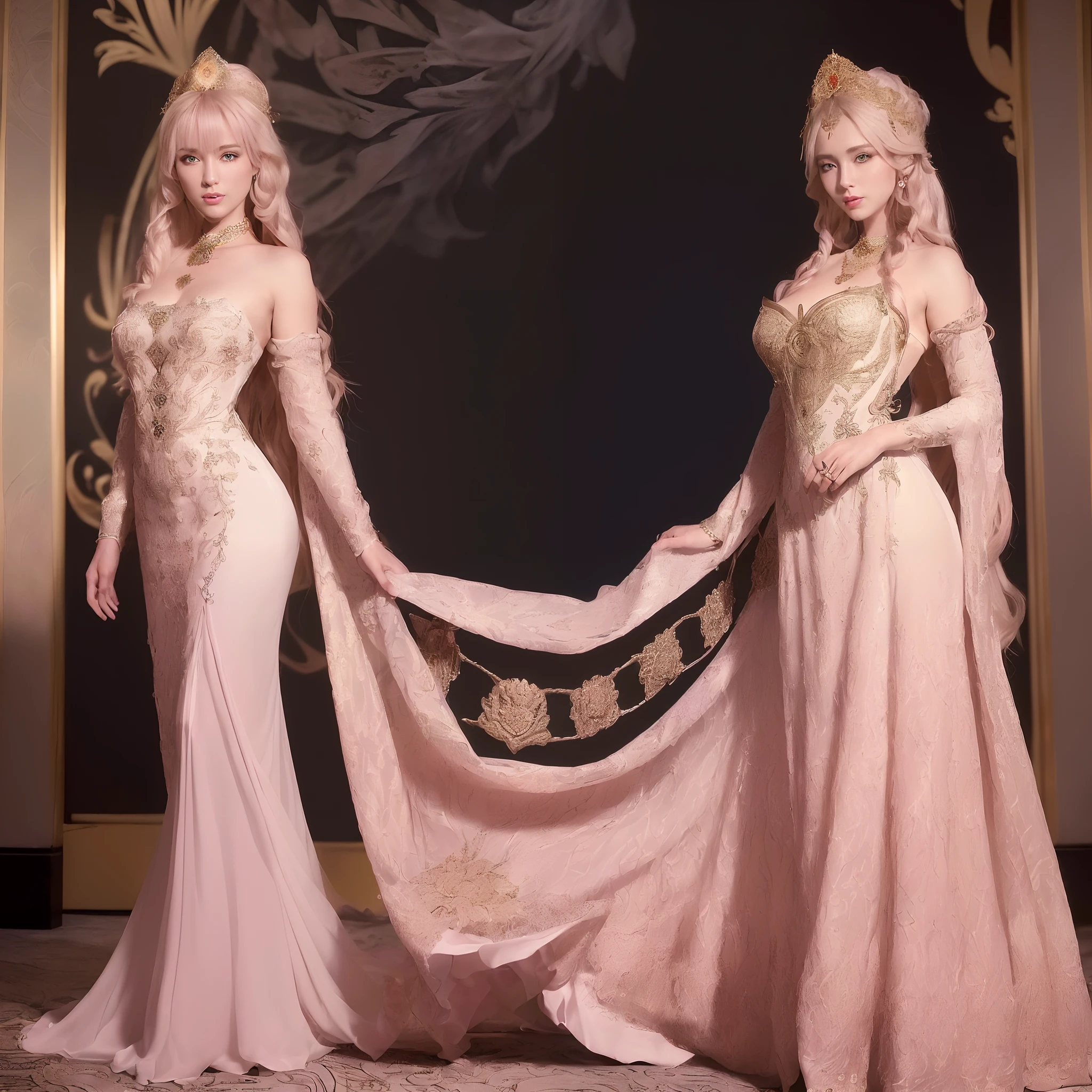 (full body shot)a single East European woman with pink long hair in an elegant dress, luminous design, masterpiece, best quality, extremely detailed 8k, ultra hd, ultra-detailed, highly detailed, highly realistic, (ultra-realistic), hyperrealistic, Real life style, (((top quality, masterpiece: 1.3)), (((Russian beauty)), (tmasterpiece,top Quority,best qualtiy,offcial art,Beautiful and aesthetic:1.2),(1girll),Extremely detailed,Colorful,highestdetailed,offcial art,Unified 8K wallpapers,ultra - detailed,Beautiful and aesthetic,beautiful breasts,tmasterpiece,medium tit,elegant dress,best qualtiy,(zentangle,datura,Tangles,entangled), textured textile background,PerfectNwsjMajic (cinematic:1.5)(Top Quality, 8k, 32k, Masterpiece, UHD: 1.3)