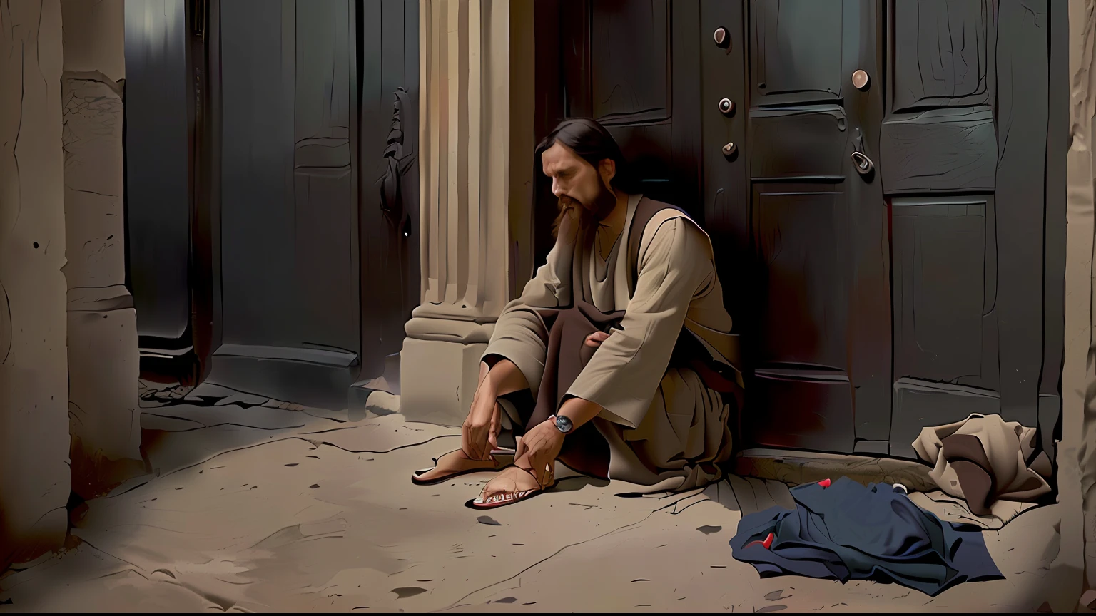 Man sitting on the sidewalk in front of a door, holy man looking down at the ground, filme ainda 8K, sem-teto, implorando por esmolas, Alexey Egorov, filme muito realista ainda, Bo Bartlett, Pedro, Sergey Zabelin, Mateus Bento, Filme 8K ainda, ainda de um filme live action, Jesus, Directed by: Etienne Delessert