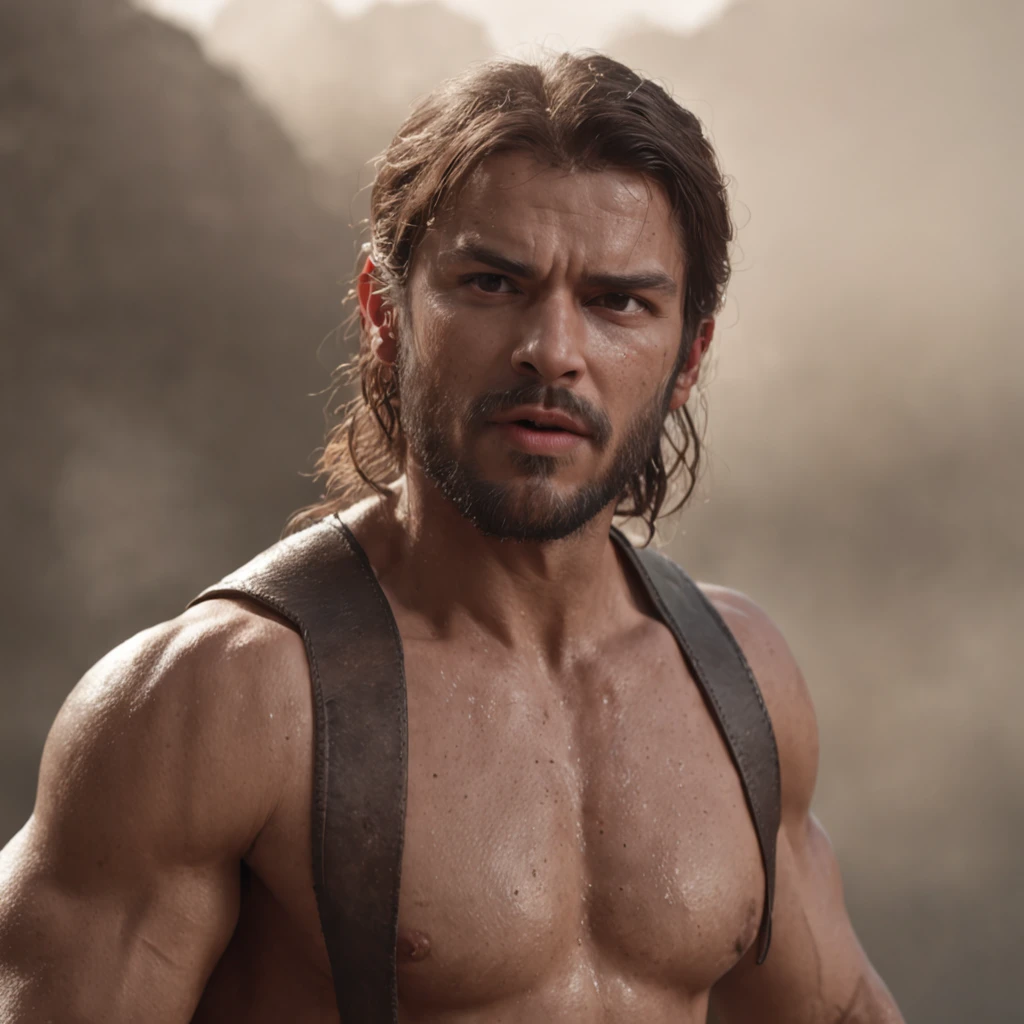 (Professional 3D rendering:1.3) de (Realistic:1.3) Foto de arte mais bonita do mundo，Features soft, bright male heroes, ((Epic hero fantasy rough muscular man wet hero angry look long hair short beard and fierce expression in dynamic pose, fantastic location, majestoso ambiente desordenado)), corpo inteiro 8k unidade render, action shot, poros da pele, very dark lighting, sombreamento pesado, circunstanciado, Rosto detalhado, (vibrante, fotogrdeia realista, Realistic, Dramatic, Escuro, foco nítido, 8k), (Old leather clothes damaged by bad weather:1.4), ((((Use peles)))), (intrincado:1.4), decadente, (altamente detalhado:1.4), pintura digital, rendering by octane, art stations, Conceito-Arte, liso, foco nítido, illustration, germe da arte, (Loish:0.23), Wlop Ilya Kuvshinov, e Greg Rutkowski e Alphonse Mucha Gracias, (global ilumination, studiolight, Light Volumetric), chuva forte, floating particles, patife, fantasia, Onze, corpo inteiroesbian, ((Fundo escuro e antigo da cidade:1.3)),CGSesociedade,art stations.