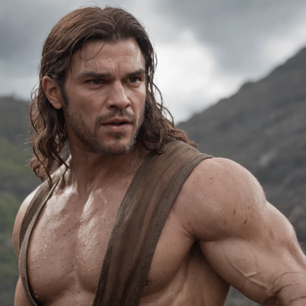 (Professional 3D rendering:1.3) de (Realistic:1.3) Foto de arte mais bonita do mundo，Features soft, bright male heroes, ((Epic hero fantasy rough muscular man wet hero angry look long hair short beard and fierce expression in dynamic pose, fantastic location, majestoso ambiente desordenado)), corpo inteiro 8k unidade render, action shot, poros da pele, very dark lighting, sombreamento pesado, circunstanciado, Rosto detalhado, (vibrante, fotogrdeia realista, Realistic, Dramatic, Escuro, foco nítido, 8k), (Old leather clothes damaged by bad weather:1.4), ((((Use peles)))), (intrincado:1.4), decadente, (altamente detalhado:1.4), pintura digital, rendering by octane, art stations, Conceito-Arte, liso, foco nítido, illustration, germe da arte, (Loish:0.23), Wlop Ilya Kuvshinov, e Greg Rutkowski e Alphonse Mucha Gracias, (global ilumination, studiolight, Light Volumetric), chuva forte, floating particles, patife, fantasia, Onze, corpo inteiroesbian, ((Fundo escuro e antigo da cidade:1.3)),CGSesociedade,art stations.