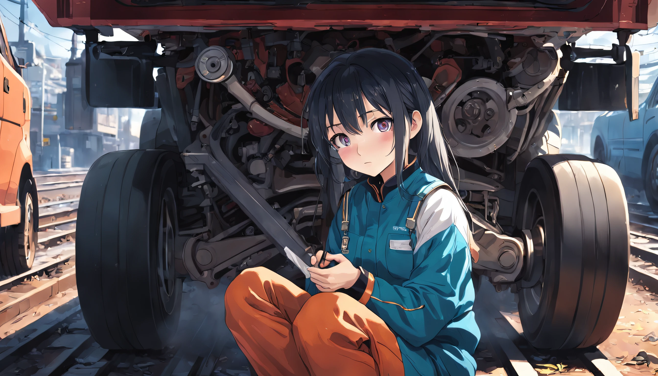 Photo, femele(22)、 Female mechanic working on a railway, Cute, There are colored contacts in her eyes、校服、 Perform vehicle maintenance, Full body , in autumn