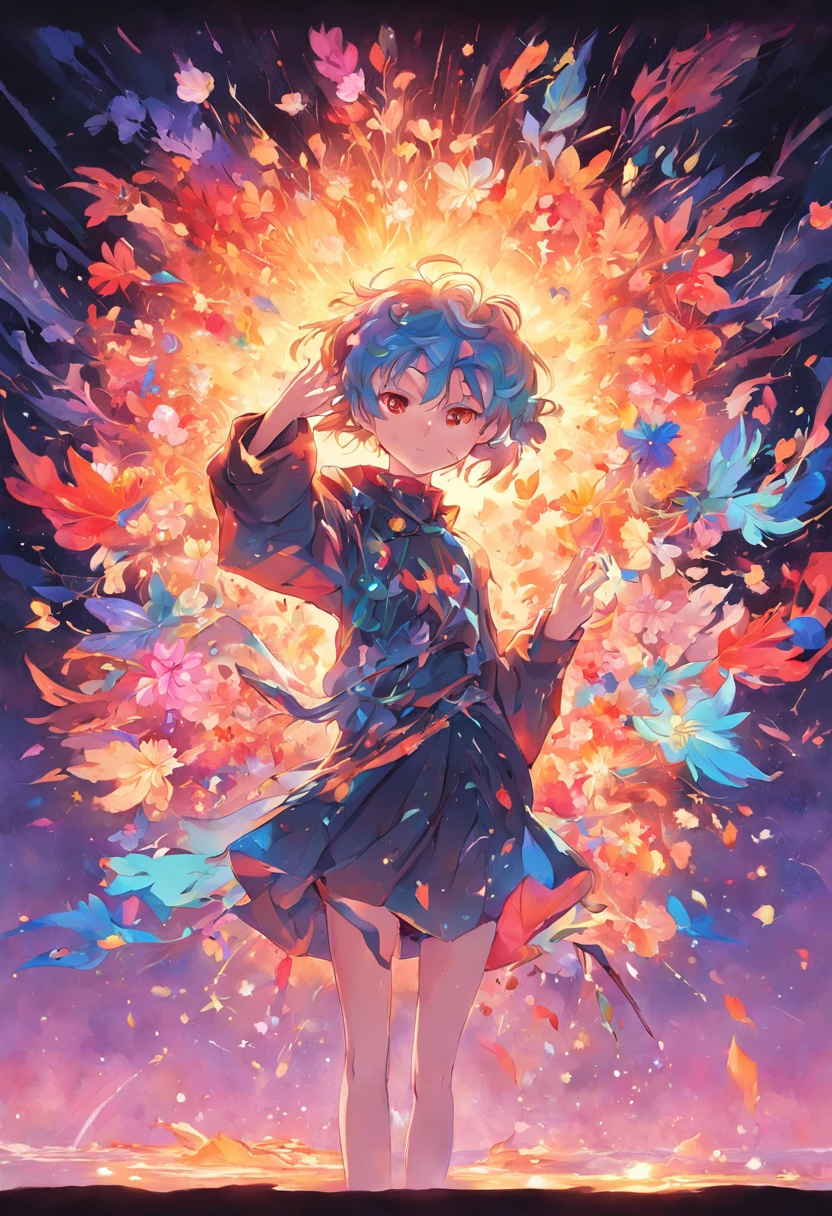 a painting of a colorful flower on a black background,, breathtaking rendering, within a radiant connection, inspired by Kinuko Y. Craft,, magical elements, flower icon, wow, is beautiful, casting a multi colorful spell, bright flash, flash