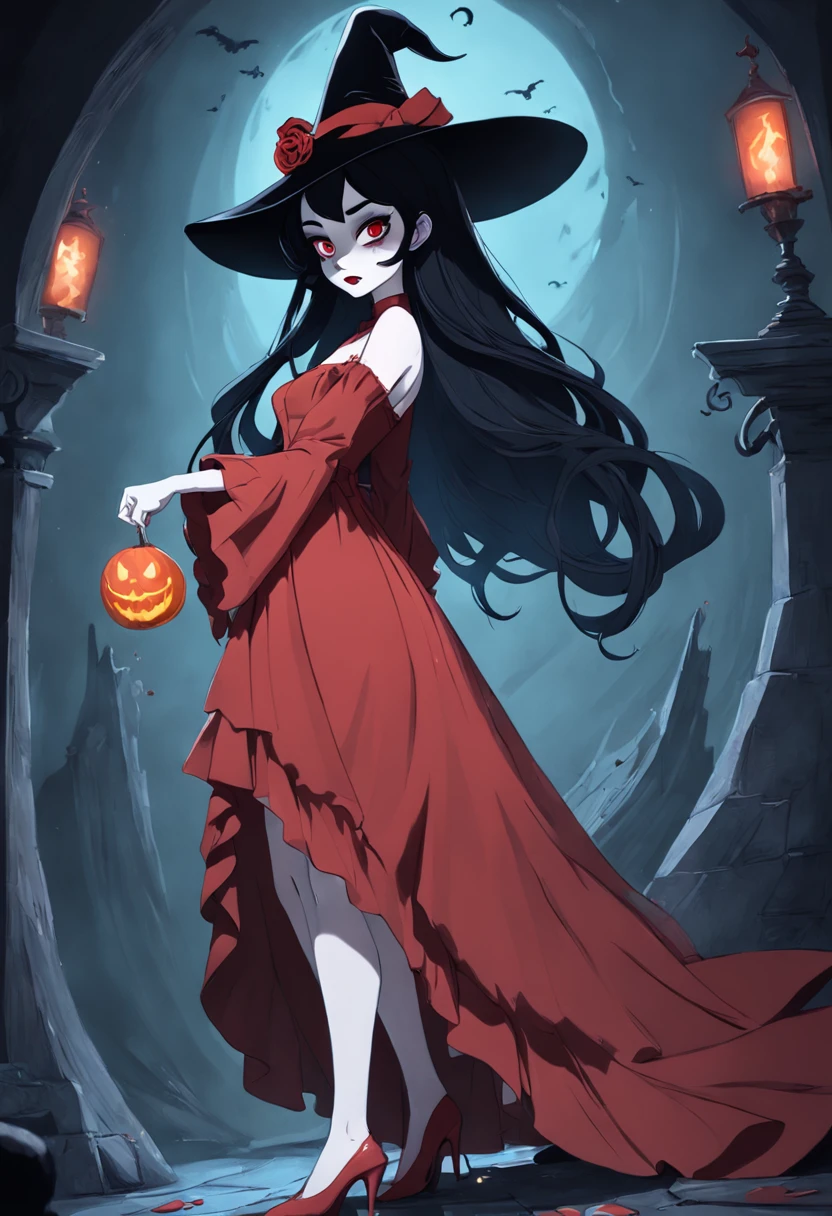 1girl, standing, nude, very long black hair, witch, vampire