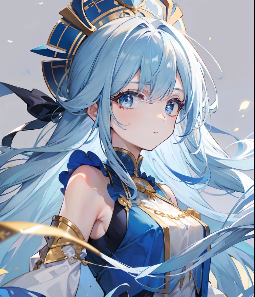 Long light blue hair,Deep golden pupils,silk dress,A sweet girl