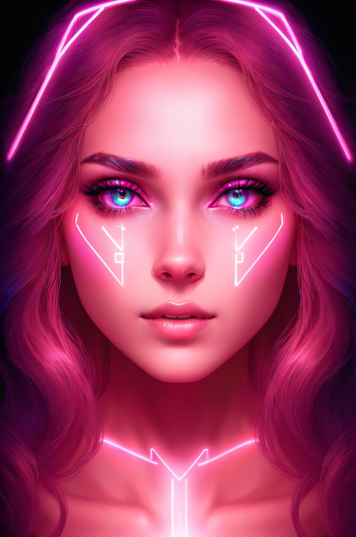 A closeup of a woman with neon lights on her face, retrato da de glowwave, cara bonita da meninapunk, rosto rosa brilhante, olhos laser rosa brilhantes, arte digital neon, olhos brilhantes do laser magenta, retrato futurista da mulher, menina cyberonhadora, stunning digital illustration, luz neon e fantasia, retrato bonito sci - fi girl, shiny neon skin, olhos brilhantes neon
