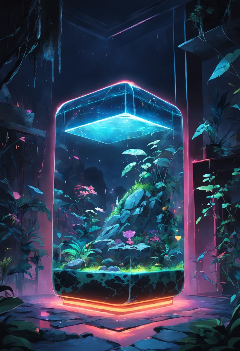 A square rounded edged terrarium, hall full of warter, with a rock inside, metalic neon lights