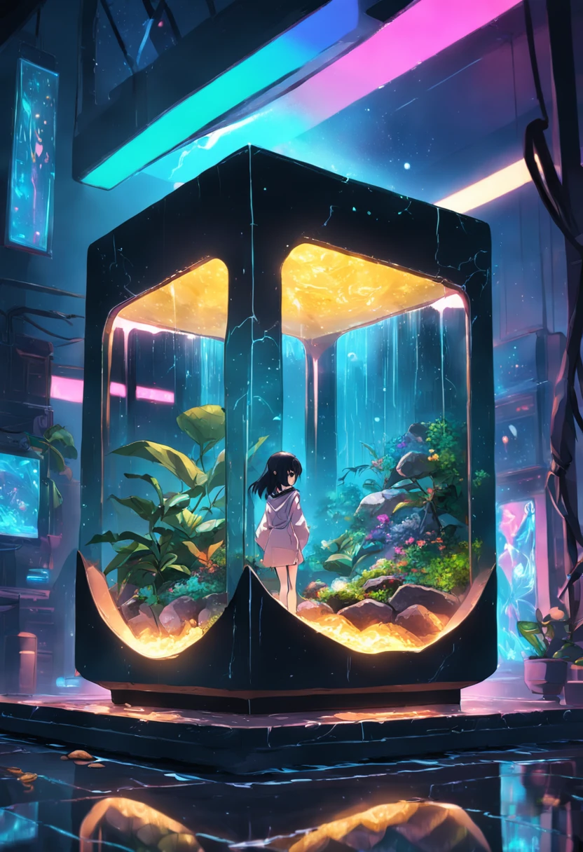 A square rounded edged terrarium, hall full of warter, with a rock inside, metalic neon lights