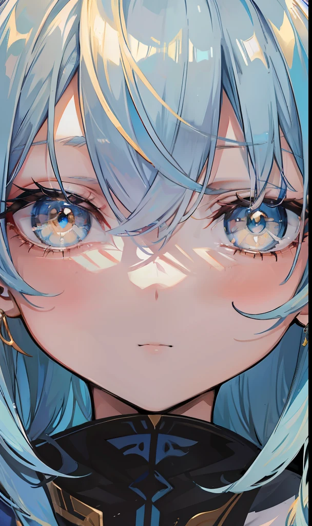 Long light blue hair,Deep golden pupils,silk dress,A sweet girl