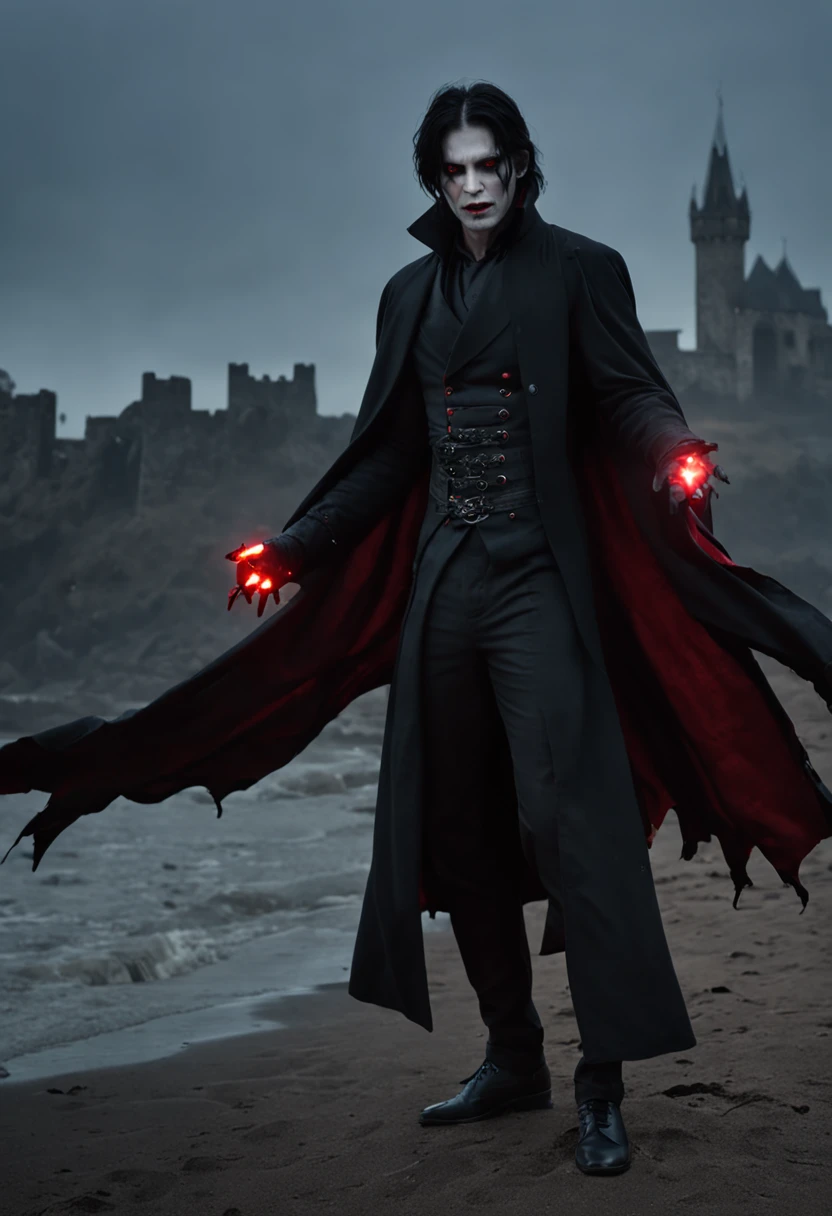 1 vampire, male, (ancient:1.2), sharp fangs, red eyes, fair skin, messy black hair, (glowing effect:1.5), long black coat, (tattered edges:1.1), dramatic pose, (sinister smile:1.3), moonlight background, misty atmosphere, (blood dripping from fangs:1.4), (sharp claw-like nails:1.2), (floating cape:1.1), (castle silhouette:1.3), bats, (eerie glowing red moon:1.5), (thunderstorm:1.4), (stormy sea:1.2), (intense lightning:1.3), (ominous clouds:1.2), (misty graveyard:1.1), (haunting eyes:1.3), (transparent ethereal look:1.2), (vivid details:1.4), (hauntingly beautiful:1.3), (mysterious allure:1.2).