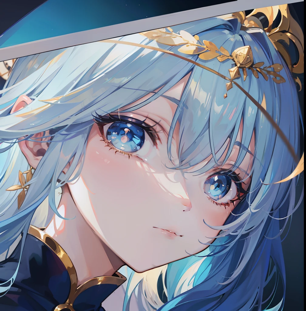 Long light blue hair,Deep golden pupils,silk dress,A sweet girl