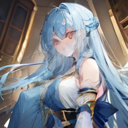 Long light blue hair,Deep golden pupils,silk dress,A sweet girl