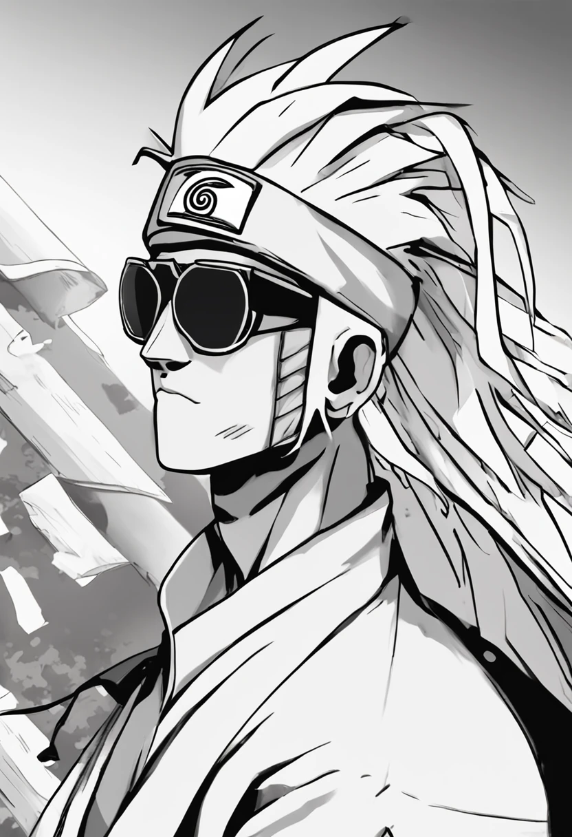"personagem Killer B de naruto:1.2, shino aburame, casaco branco, sunglasses, white head band, ninja, boca tampada, (camisa com gola alta:0.8), expression serious, rosto altamente detalhado, e segurando espada ninja, arte digital premiada, (highes definition:0.7)."
