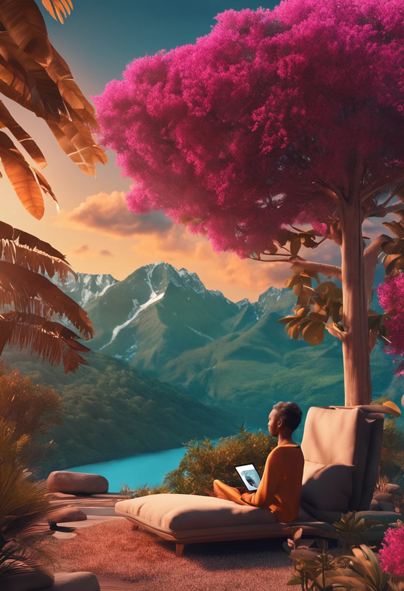 a person sitting comfortably in a warm and peaceful environment in their own home, with a laptop open in front of them. The laptop screen displays a serene and inspiring nature scene, symbolizing the inner journey and connection with nature