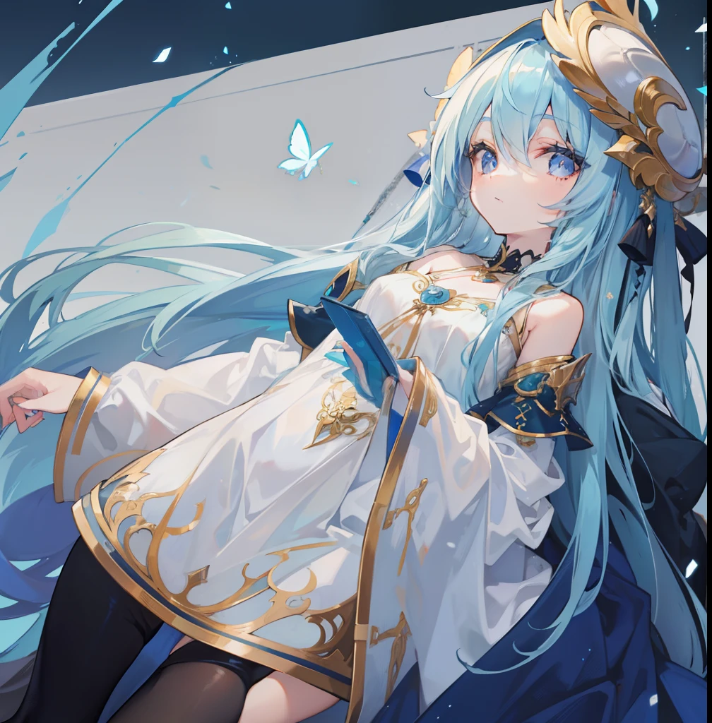 Long light blue hair,Deep golden pupils,silk dress,A sweet girl