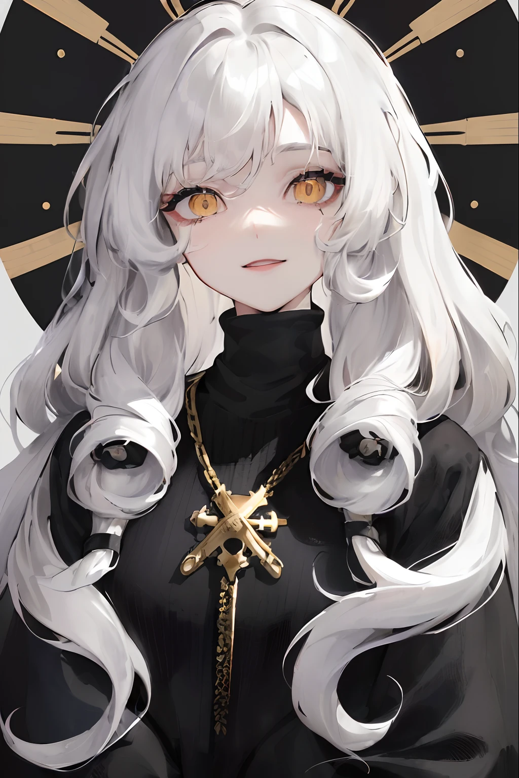 1woman, ((long wavy hair)), ((half of her hair is white and the other half of her hair is black split into two colors)), swept bangs, ((golden eyes)), fake smile, unnerving smile, black turtleneck, pirate coat, dark sky, pretty eyes