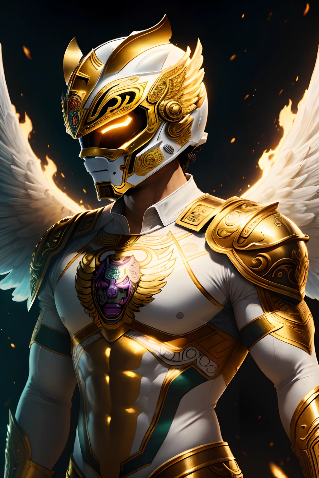 (8k), Ultra resolution 8K, Stunning illustration of an angel wearing a jaguar mask helmet, Warrior Prince,Athletic body gold and white suit,de guerrero angel, cinematic lighting