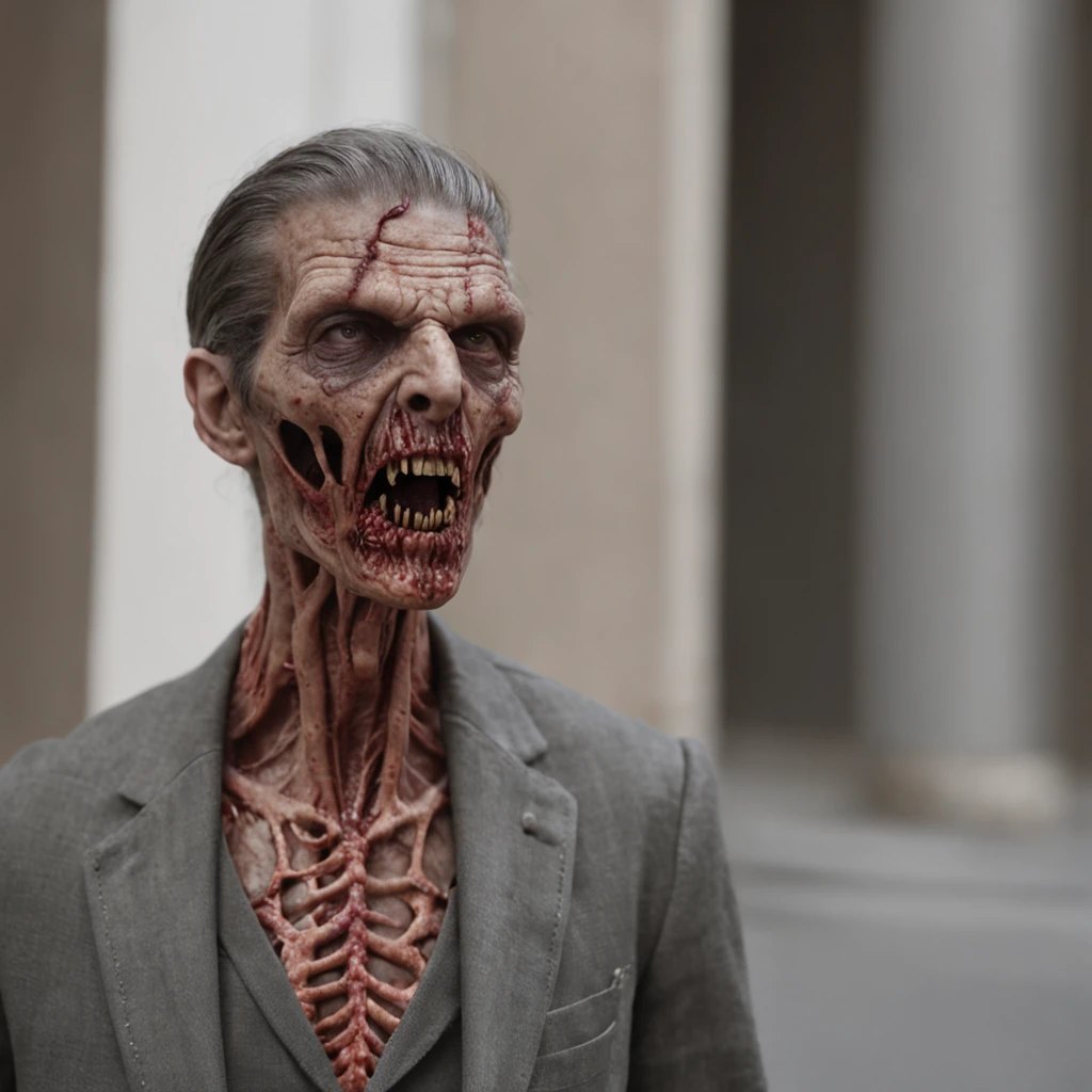 Um homem de 30 anos usando um terno, their veins are gray with rot, by call of cthulhu.