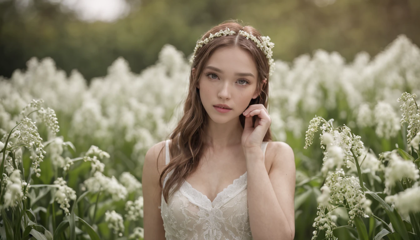 Beautiful portrait of a beautiful  girl in Lily of the valley field, Full body, Science fiction,Accessories for shoes、 A detailed eye, Art Station, Sharp Focus, Photorealsitic, 35 mm, Ultra Detail, 4 k, radiant light