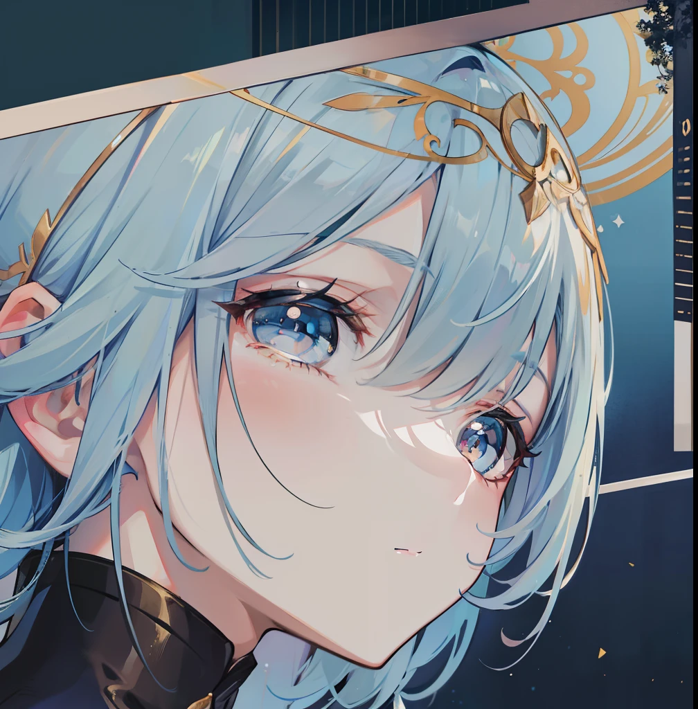 Long light blue hair，Deep golden pupils，silk dress，A sweet girl