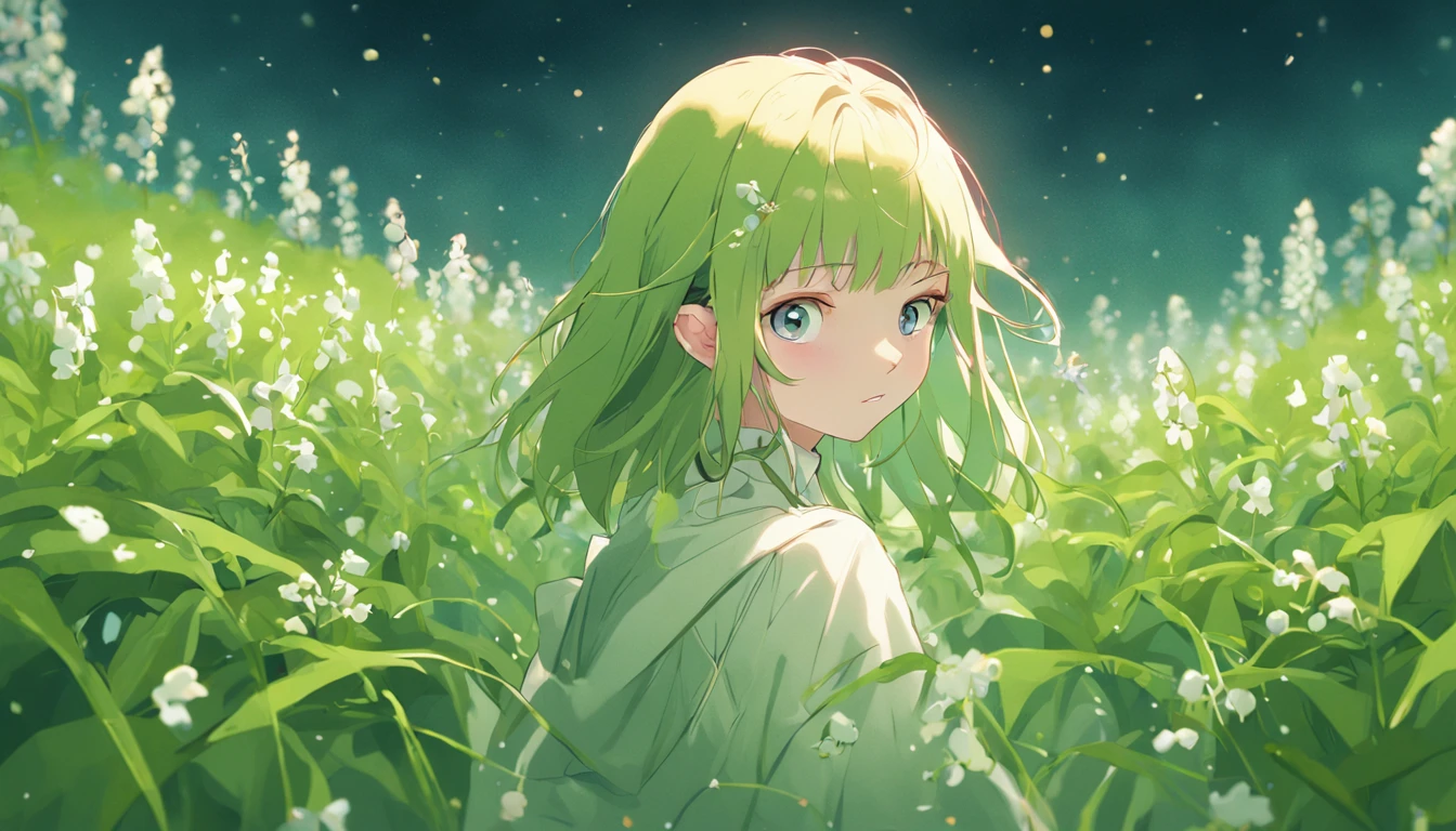 Beautiful portrait of a beautiful  girl in Lily of the valley field, Full body, Science fiction,Accessories for shoes、 A detailed eye, Art Station, Sharp Focus, Photorealsitic, 35 mm, Ultra Detail, 4 k, radiant light