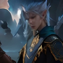 arafian is a character in a video game with a cat's head, a male elf, inspired by Kieran Yanner, moon behind him, a portrait of a male elf, second life avatar, inspired in kris from deltarrune, male with halo, inspired by Ren Renfa, with very highly detailed face, elven male, elven character with smirk