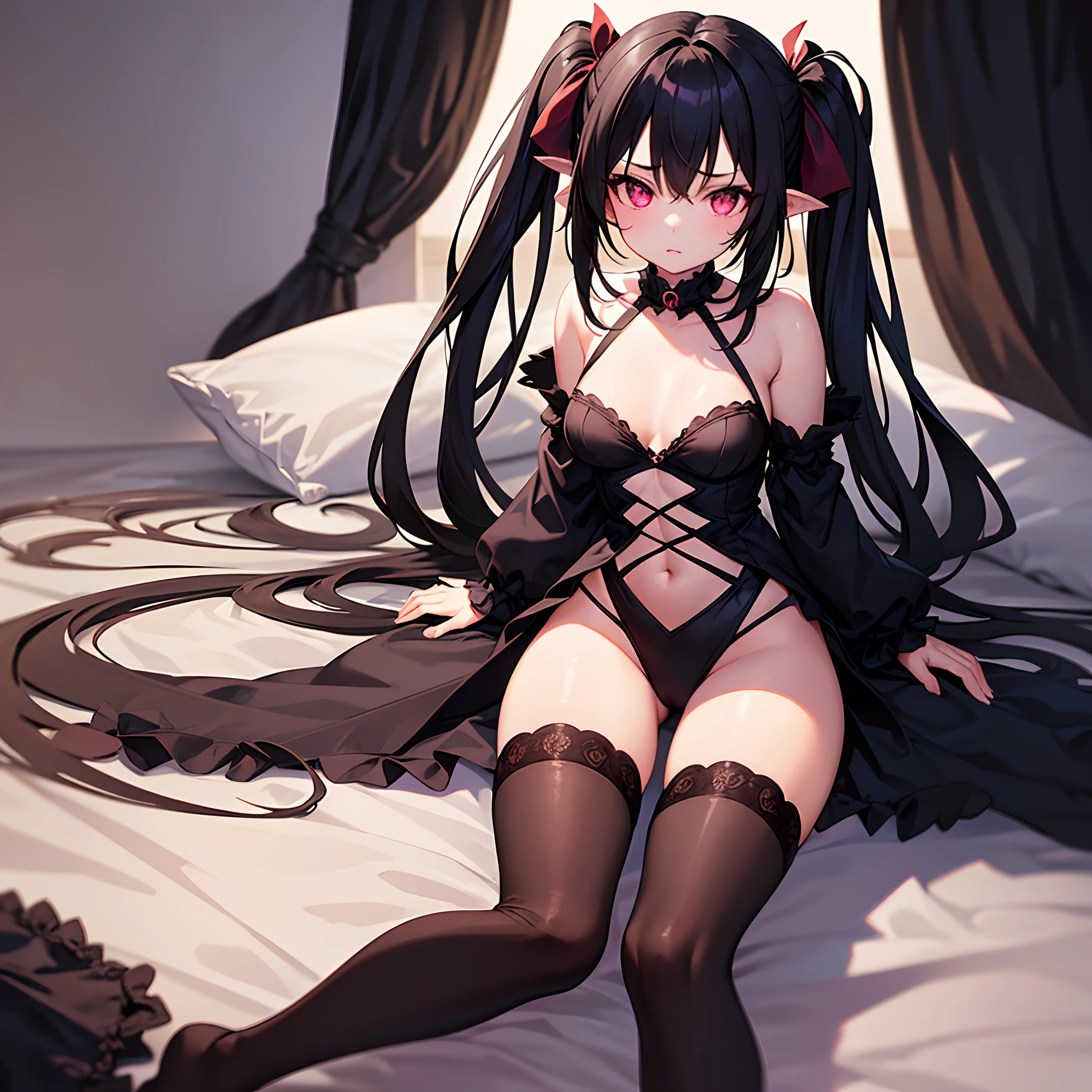 Best quality, highest resolution,  girl, sassy child,um breasts, long black hair, twintails, demonic girl, very detailed black thigh highs, showy dress, perfecy anatomy