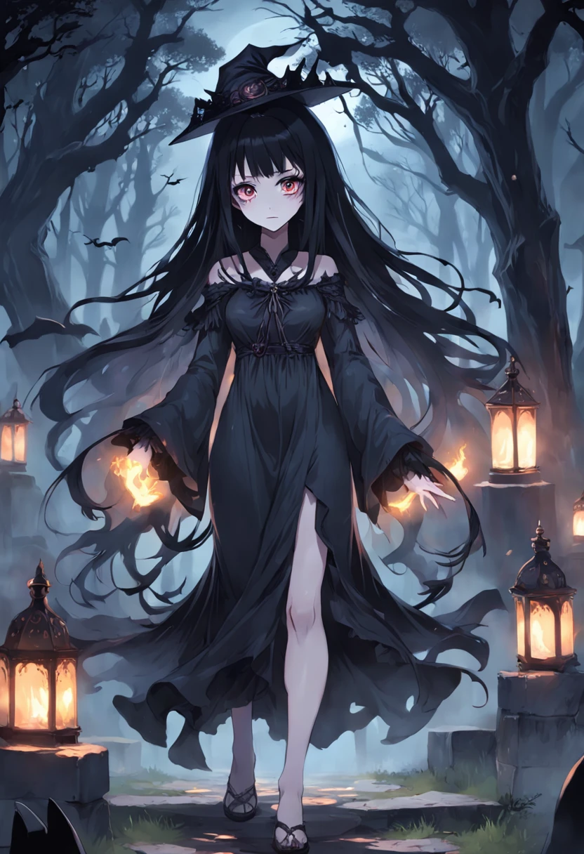 Il y a une femme en robe longue tenant une lanterne et une faux, with haunted eyes and black hair, goddess of death, Pale Ghost Girl, Goddess of death in a cemetery, flippant!!, Black Witch, sorceress, Faucheur de nuit!!!!, sorceress, Sombre!, Gothic anime girl, sorceress, haunting!, with dark ghost fumes around