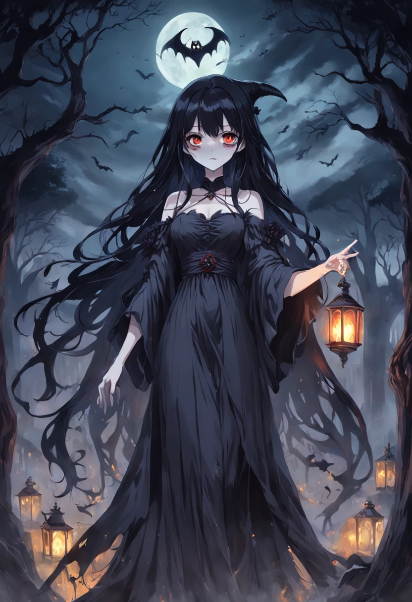 Il y a une femme en robe longue tenant une lanterne et une faux, with haunted eyes and black hair, goddess of death, Pale Ghost Girl, Goddess of death in a cemetery, flippant!!, Black Witch, sorceress, Faucheur de nuit!!!!, sorceress, Sombre!, Gothic anime girl, sorceress, haunting!, with dark ghost fumes around