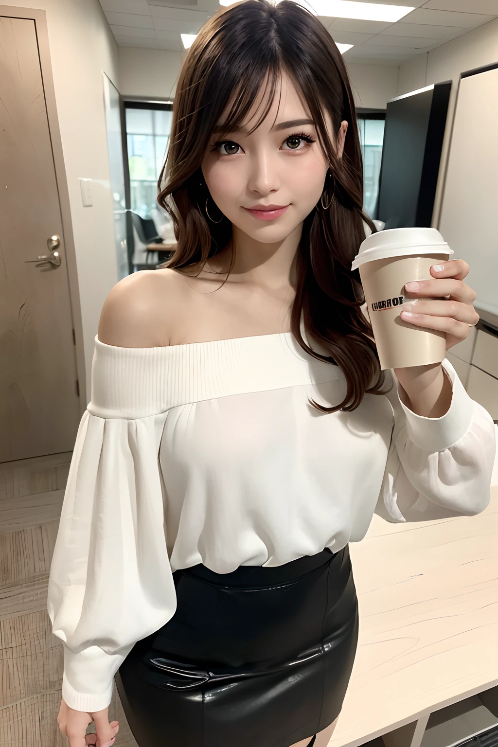 first-person-view, (masterpiece:1.3), high resolution, ultra detailed, extremely detailed CG unity 8k wallpaper, realistic, photo-realistic, RAW photo, beautiful detailed face, pale skin, realistic glistening skin, detailed cloth texture, detailed hair texture, Perfect body, Beautiful Face, accurate, Anatomically correct, Highly detailed face and skin texture, natural neck length, (beautiful hands), (fair skin:1.2), Thin legs, Thin feet,
BREAK,
Detailed eyes, symmetric eyes, Light Brown eyes, Double eyelids, Thin eyebrows, (Glossy lips:1.4), ((gently smile:1.2)), (blush:1.1),
BREAK,
(A Classy and Cute girl), (classy off-shoulder White silk blouse), (Pencil skirt of Light pink color:1.1), (black sheer tights), (white pin heel)
medium large breasts, (slender figure:1.1), firm abs, beautiful clavicle,
(Dark blonde hair, wavy hair, long hair:1.3), ((asymmetrical bangs:1.2)),
BREAK,
(Standing leaning against the desk with holding a coffee:1.2),
((in the modern office of Japan)), (Cowboy shot:1.2), looking at viewer, view from slightly below,