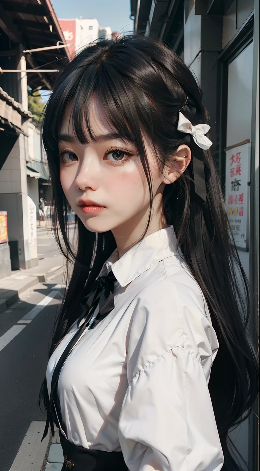 1girll，独奏，（best qualtiy），（tmasterpiece：1.1），（校服：1.4），Black colored eyes，shift dresses，looking_at_viewer，neck_ribbon，adolable，Clear facial skin，