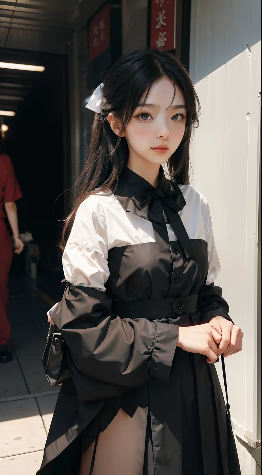1girll,独奏,(best qualtiy),(tmasterpiece:1.1),(校服:1.4),Black colored eyes,shift dresses,looking_at_viewer,neck_ribbon,adolable,Clear facial skin,