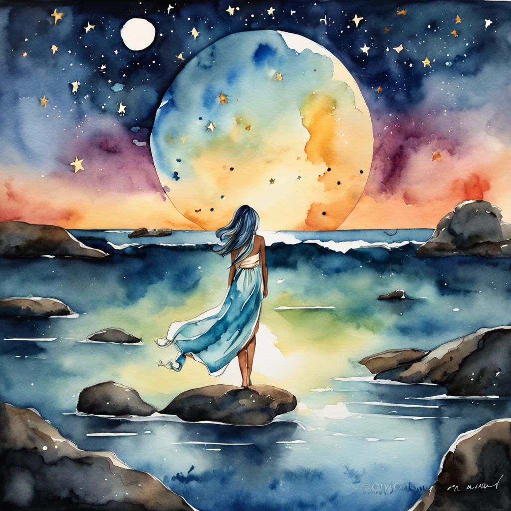 Jovem mulher, cabelos brancos, roupas longas e colorias, sombras escuras, olhos azuis, meditando, em frente a uma cachoeira, at night, Stars in the sky, dark blue skies, moon on the sky, 4k, Gothic style