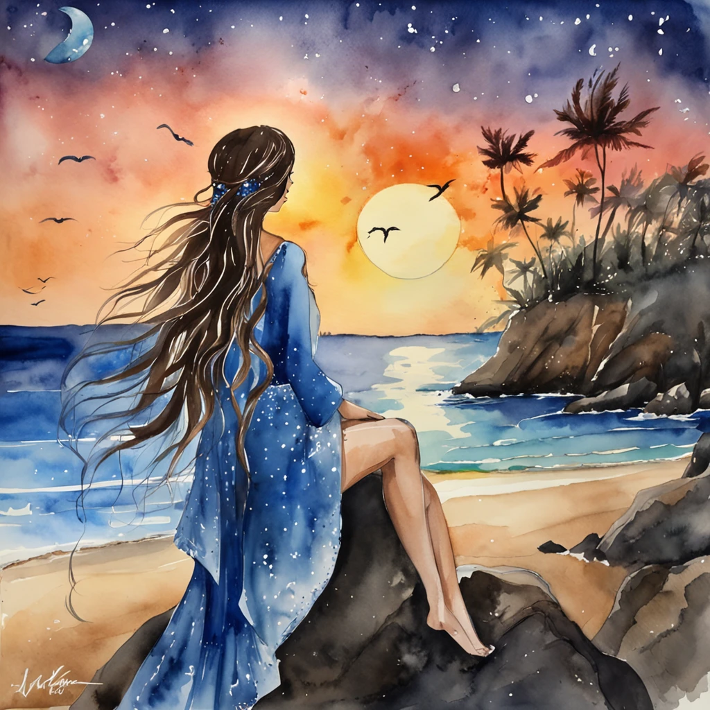Jovem mulher, cabelos brancos, roupas longas e colorias, sombras escuras, olhos azuis, meditando, em frente a uma cachoeira, at night, Stars in the sky, dark blue skies, moon on the sky, 4k, Gothic style
