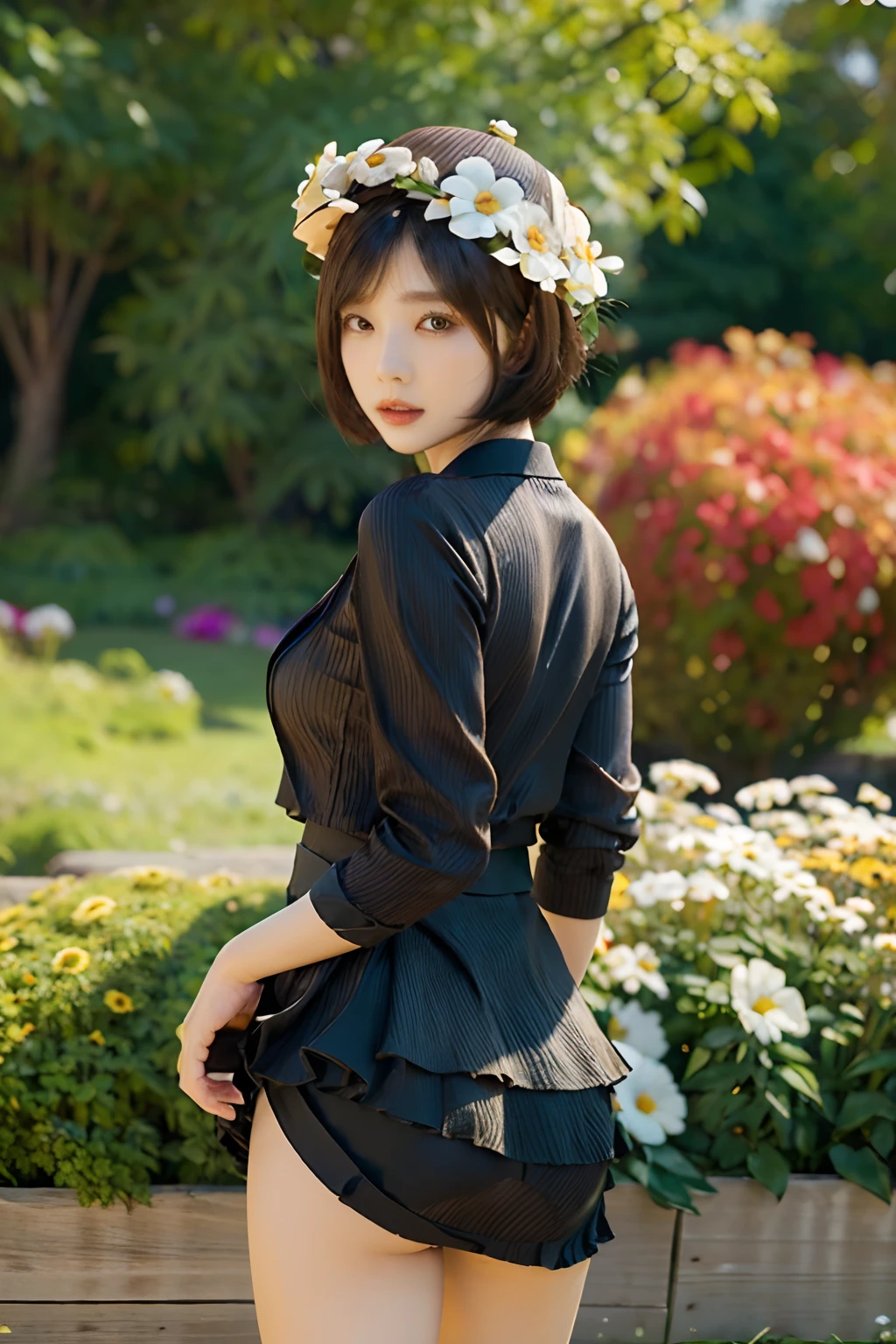 a miniskirt、Brown hair、 、((top-quality、8K、masterpiece:1.3))、(Flower Cap:1.3)、focus:1.2、perfectbodybeauty:1.4、s ass:1.2、(Layered Haircut:1.2))