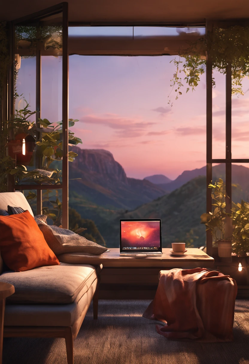 a person sitting comfortably in a warm and peaceful environment in their own home, with a laptop open in front of them. The laptop screen displays a serene and inspiring nature scene