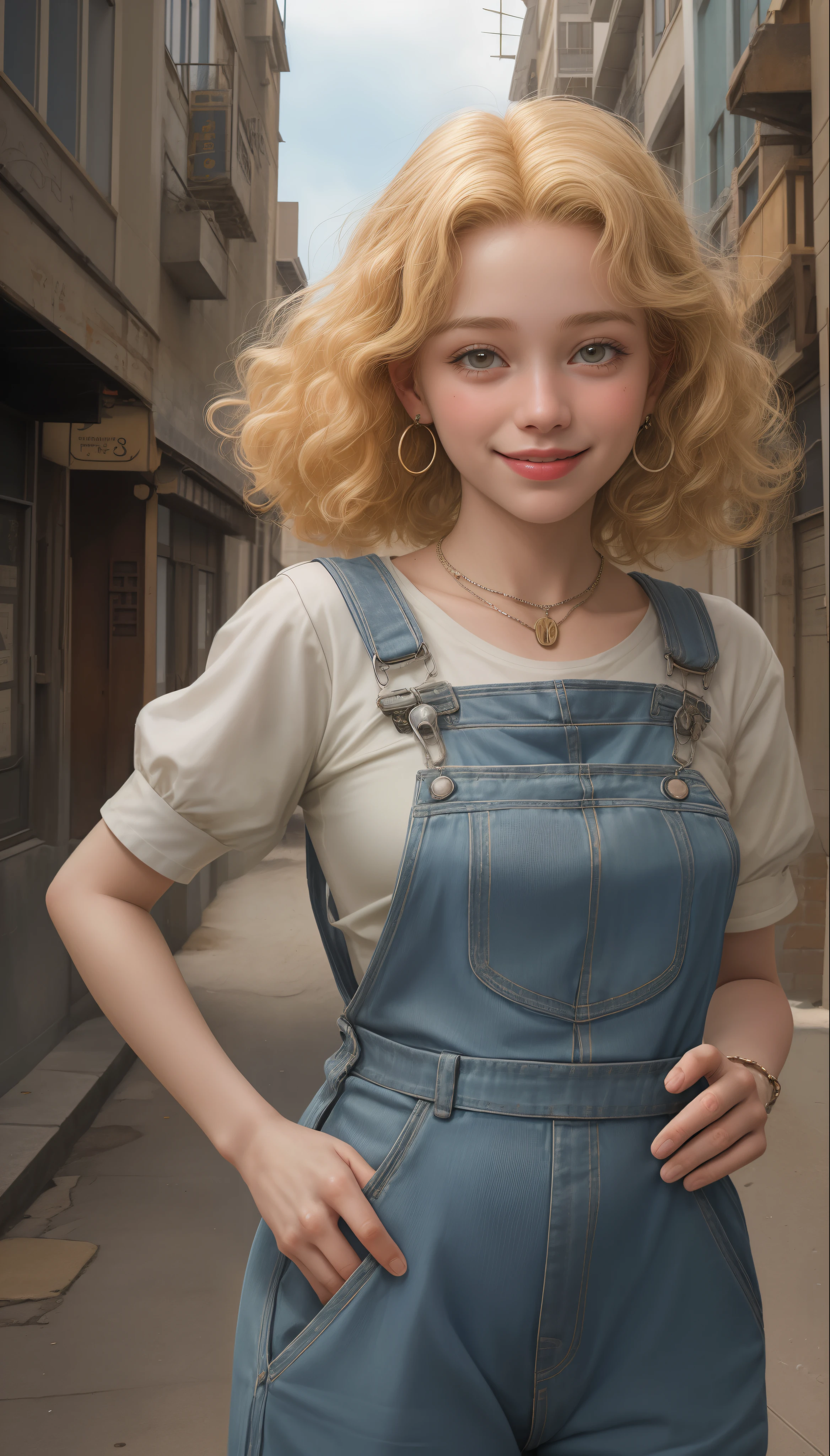 Portrait of a short curly blonde girl of 18 years wearing overalls from the 50s, sorrindo, suada com colar e brincos , 8K Ultra realista, in a city with several buildings, ensolarada