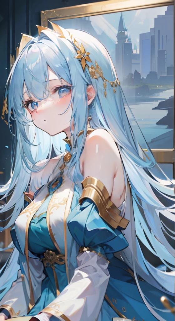 Long light blue hair，Deep golden pupils，Silk dress，A sweet girl