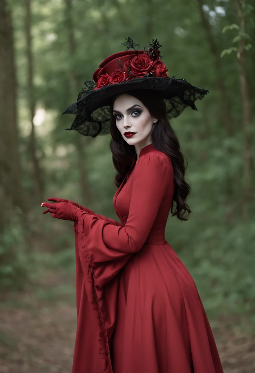 Il y a une femme en robe rouge et chapeau rouge, Abigail Larson, art in the style of disney, Phtoto en niveaux de gris avec robe rouge, Style artistique Disney, Persephone as goddess of death, Disney Female Villain, Style artistique Disney, Beau style de dessin, Lois Rossdraw, Red dress and witch's magic hat, Robe rouge et chapeau, inspired by Mab Graves in Tim Burton style. Dans le style Corpse Bride. Dans le style Addams Family
