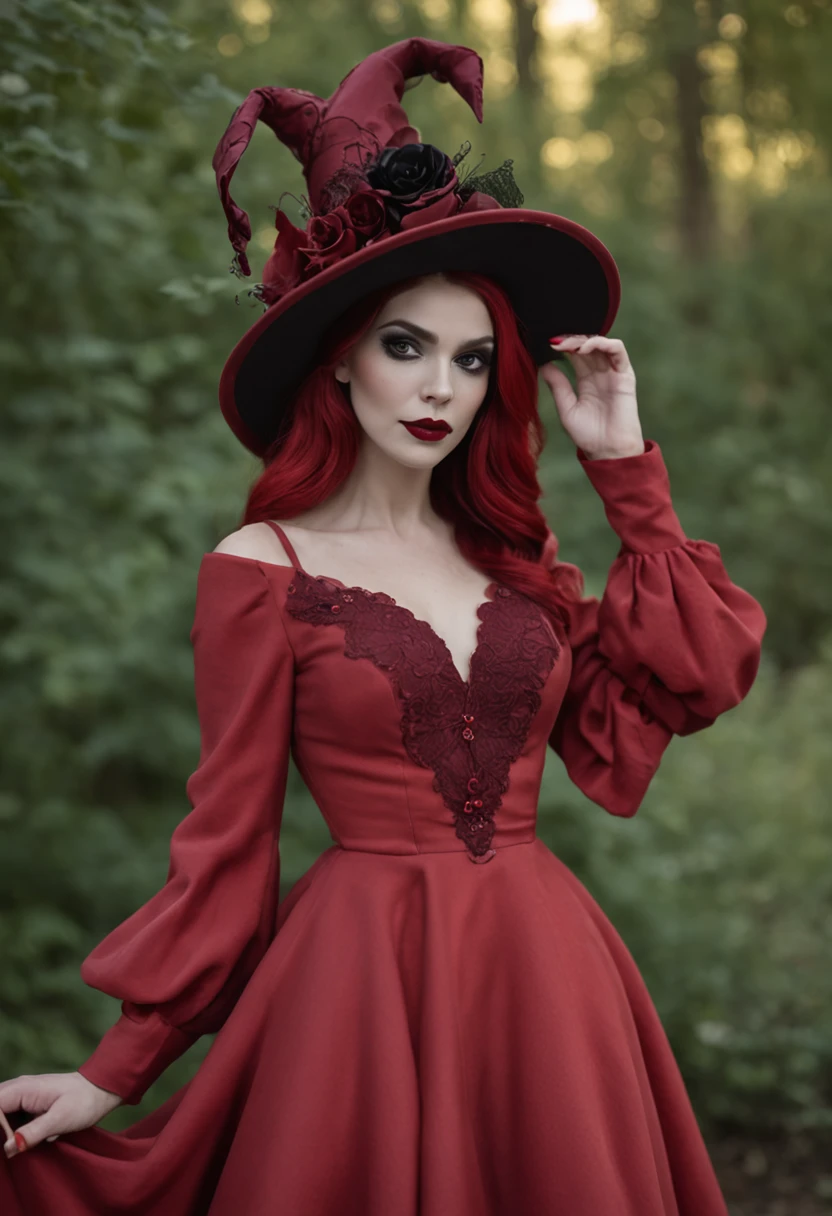 Il y a une femme en robe rouge et chapeau rouge, Abigail Larson, art in the style of disney, Phtoto en niveaux de gris avec robe rouge, Style artistique Disney, Persephone as goddess of death, Disney Female Villain, Style artistique Disney, Beau style de dessin, Lois Rossdraw, Red dress and witch's magic hat, Robe rouge et chapeau, inspired by Mab Graves in Tim Burton style. Dans le style Corpse Bride. Dans le style Addams Family