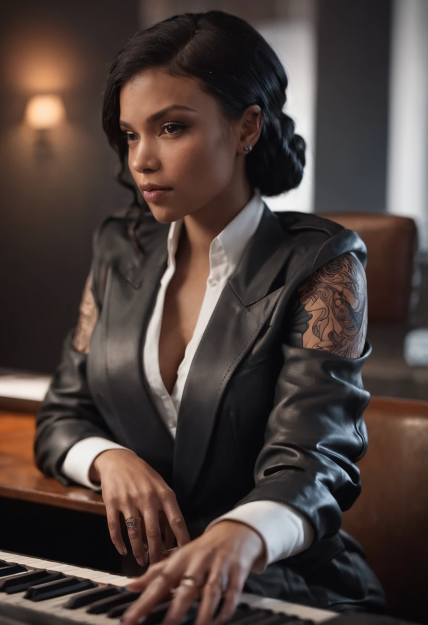 There is a woman sitting in front of a keyboard with a tattoo on her arm, arte promocional, Fanart, Martin Ansin, Retrato da obra, imagem promocional, Arte da sede, arte promocional, Fanart, Album art, arte oficial, arte chave, arte promocional, Siswave, artista digital, Ashtelos, futurismo afro, Jen Bartel, tecladista, mistura