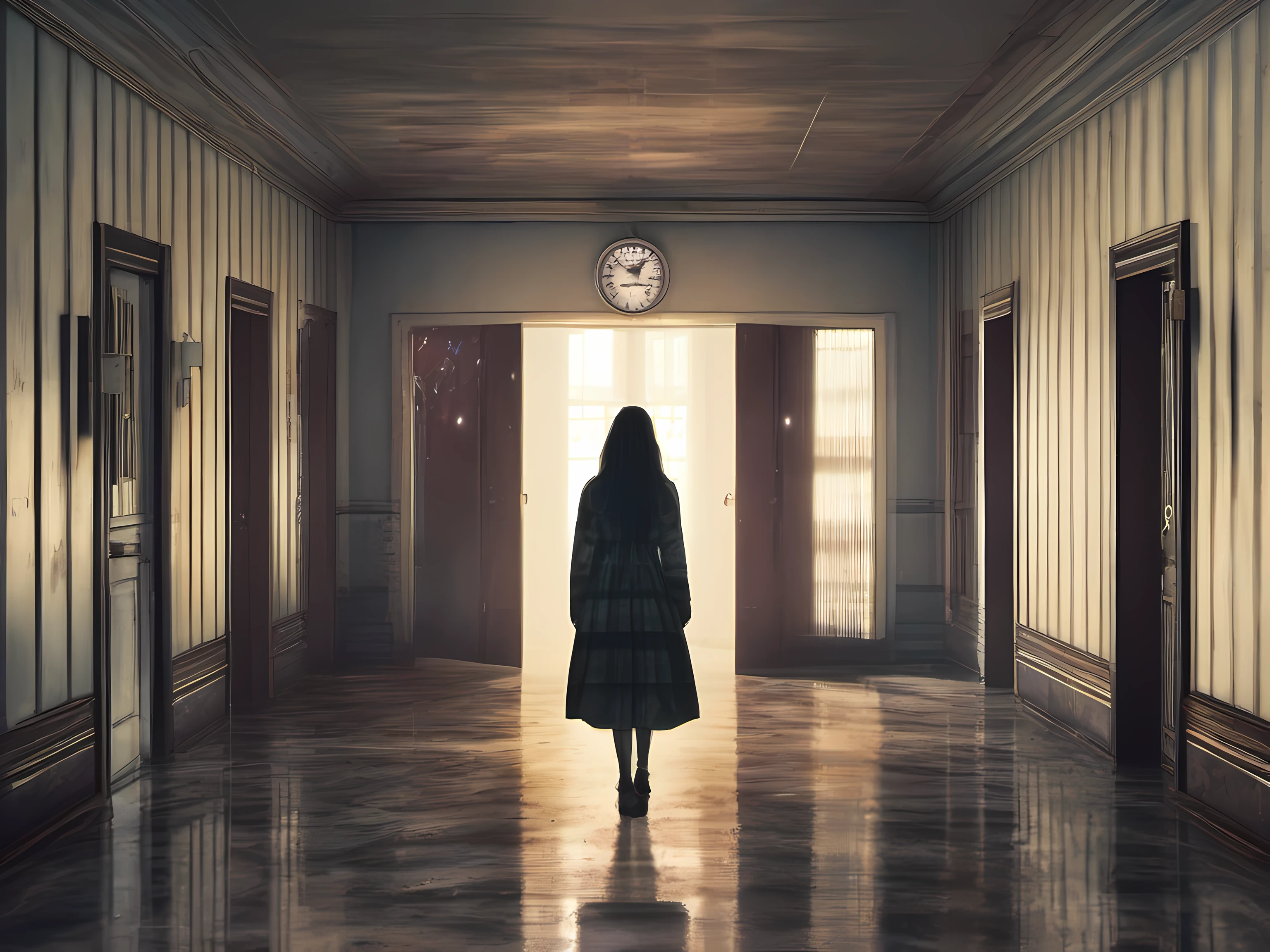 Menina fantasma, lurking in a hallway of a sanatorium, ambiente sujo, abandonado, clima tenso, terror, horror, 8k