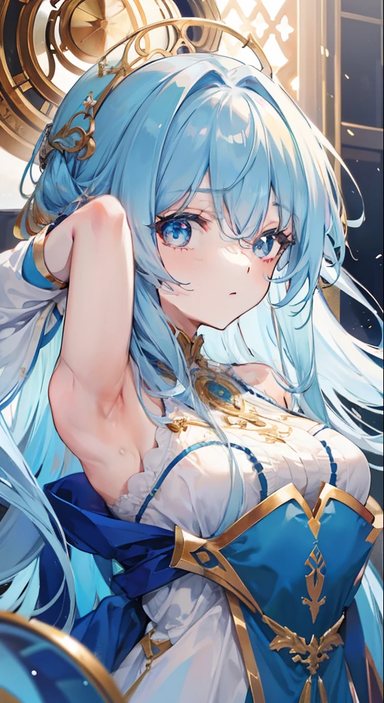 a beautiful blue kitsune, big breasts, Long blue hair, slim waist, detailed portrait, intricate details, chiaroscuro lighting, dramatic lighting, mystical, elegant, sensual, long white tail style, I would have heterochromia, one blue eye and one red eye., llevaria un arco legendario