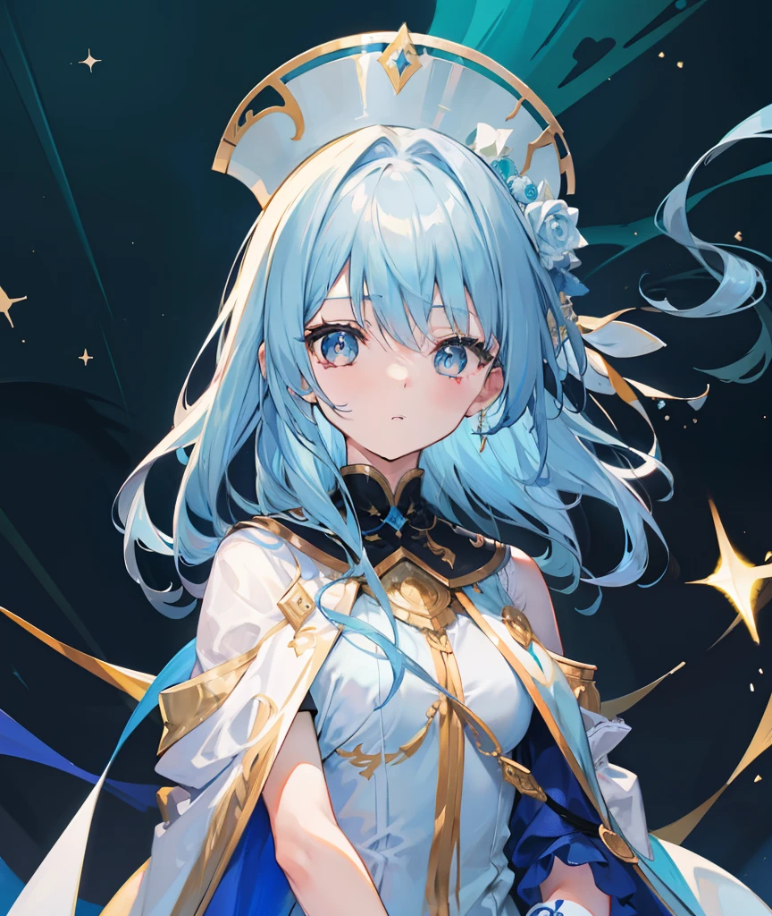 Long light blue hair，Deep golden pupils，Silk dress，A sweet girl
