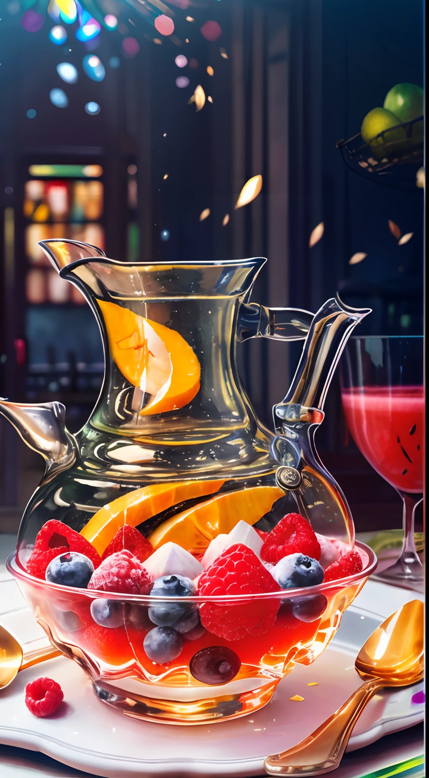 Healthy breakfast. Faceted glass, crystal, Mother-of-pearl sparkles, Multi-colored highlights, Different light to play, Cereal and berry yogurt, Cocktail World, scenery, landscape, street, depth of fields , ((Blurred background)), Masterpiece, Best quality, Ultra detail, (((Multi-layer jelly))) glass, stained glass window, Multi-colored spark glare, tmasterpiece, Top quality, experience, gracefulness, Bohemian fashion, a gold, utensil, kettle, A cup, plate, crystals, With floral print,1 cup milk yogurt) 1 teaspoon of your choice of vanilla extract, Chopped fresh fruits (For example, morango, kiwi, mangoes, Blackberries, raspberry, cherry, Carrom, blueberries, etc.) Marengo,