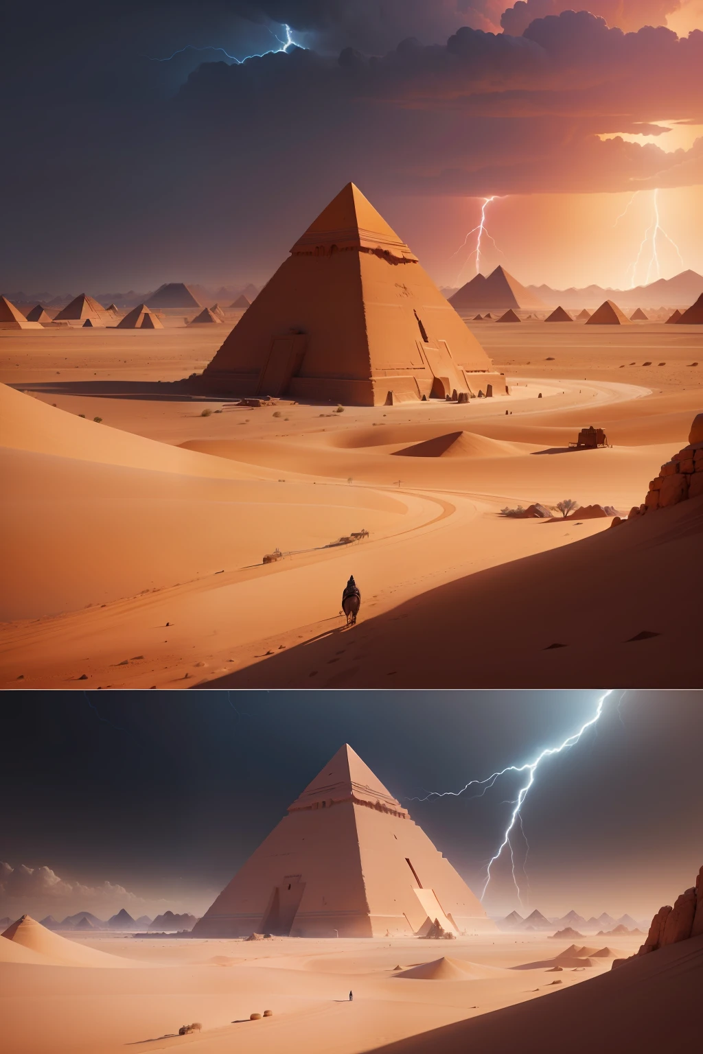 Please create an image of a desert landscape with pyramids in the background. In the distance, there's an oasis with camels and horses. The scene takes place during a lightning storm