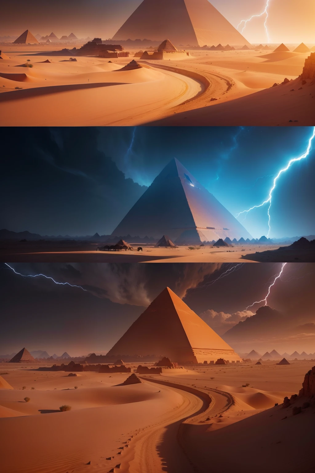 Please create an image of a desert landscape with pyramids in the background. In the distance, there's an oasis with camels and horses. The scene takes place during a lightning storm