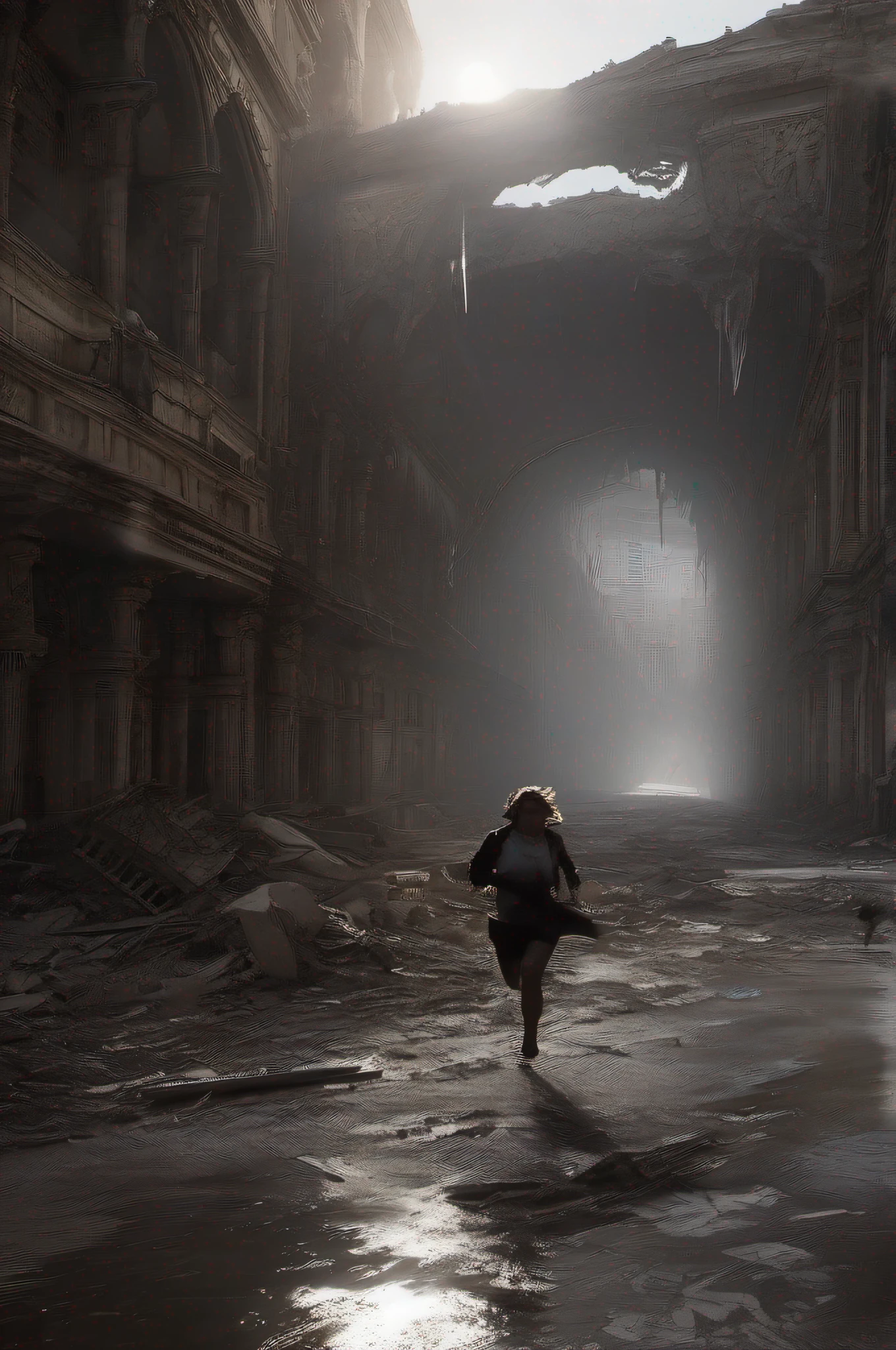 horrified people, people looking in pain, running from a large silhouetted being, destroyed building, overturned cars, intricate details, perfect features, dramatic, cinematic lighting, accent lighting, SSAA, smooth rendering, no noise --testp - -com 2:3 --video --no lazy prompts
