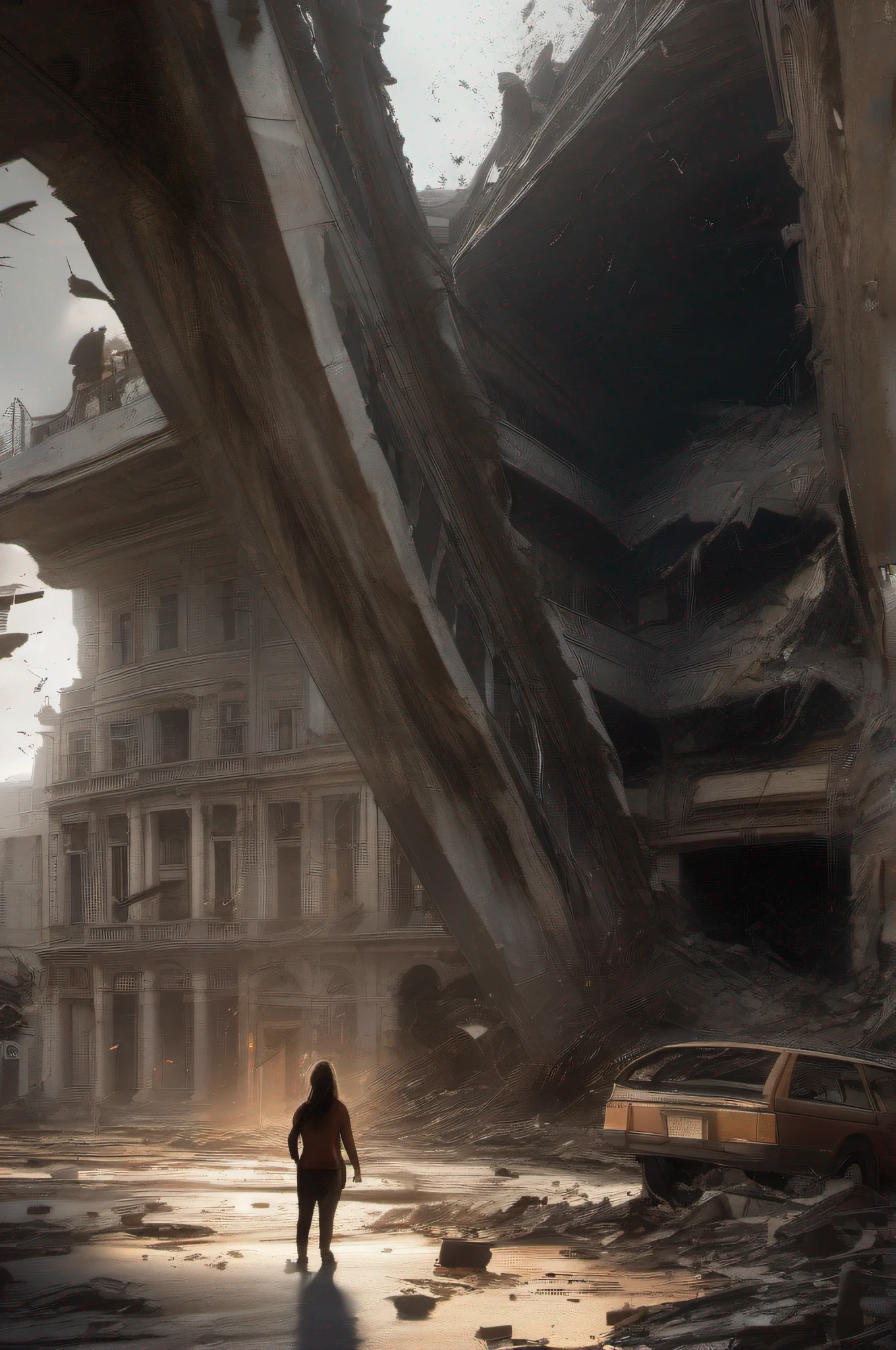 horrified people, people looking in pain, running from a large silhouetted being, destroyed building, overturned cars, intricate details, perfect features, dramatic, cinematic lighting, accent lighting, SSAA, smooth rendering, no noise --testp - -com 2:3 --video --no lazy prompts
