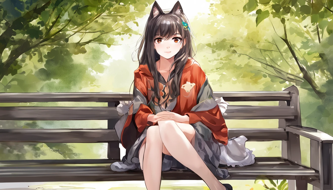 Long shot, anime girl sitting on bench, close one eye, season is summer, realistic anime cat, realistic anime art style, cute realistic portrait, beautiful anime cat girl, realistic anime art style, anime realism style, anime cat girl, very beautiful anime cat girl, realistic anime 3D style, Very Beautiful Cute Cat Girl, Cute Anime Cat Girl, Anime Style